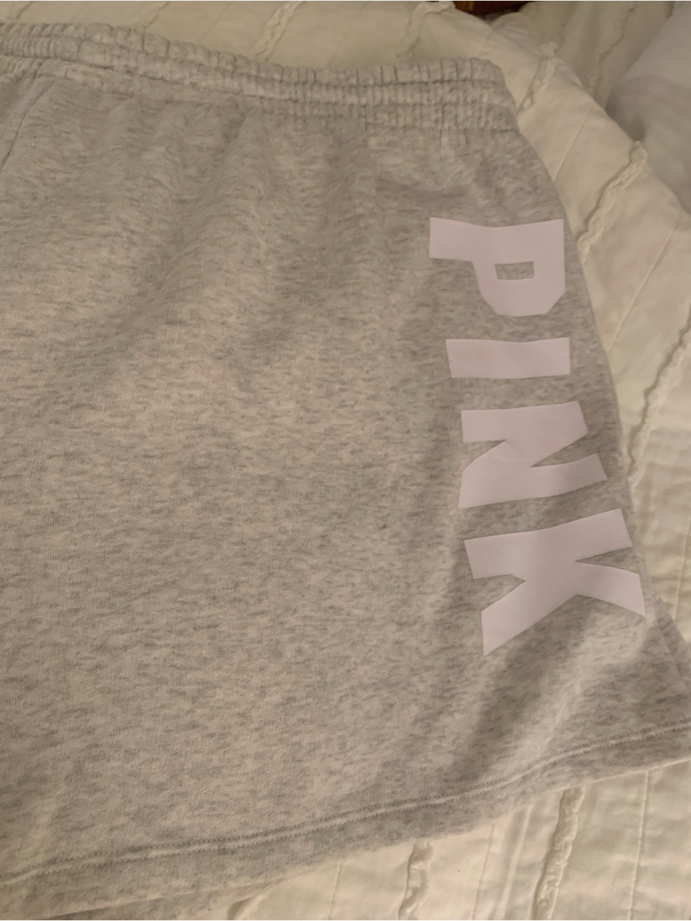 Pink brand sweat shorts in gray
